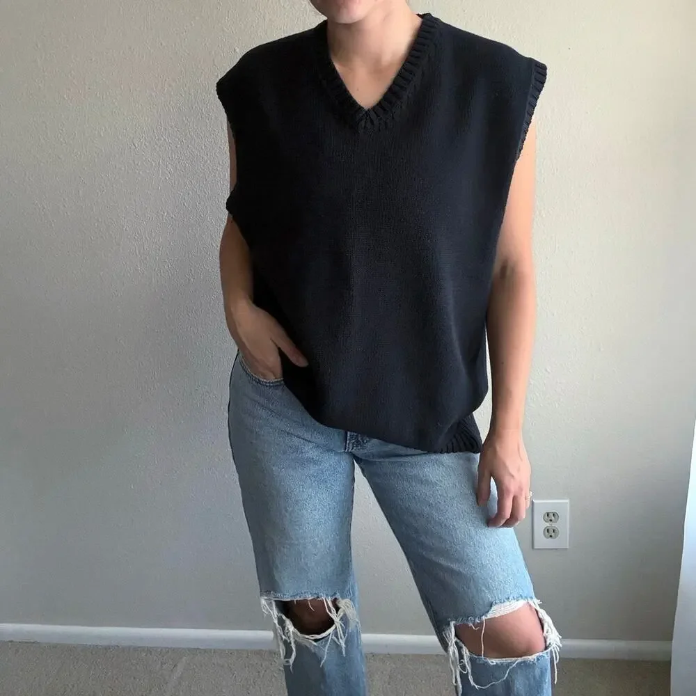 Vintage y2k Gap Black Sweater Vest 100% Cotton twee minimalist neutral winter